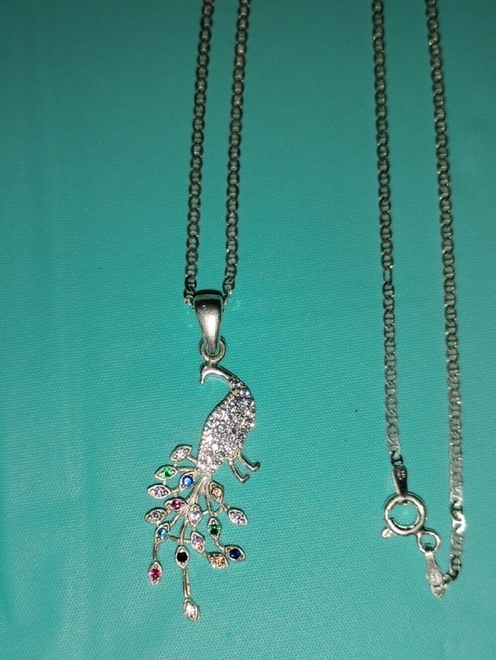 Sterling Silver Peacock Pendant Necklace with Multicolor Stones - Picture 4 of 5